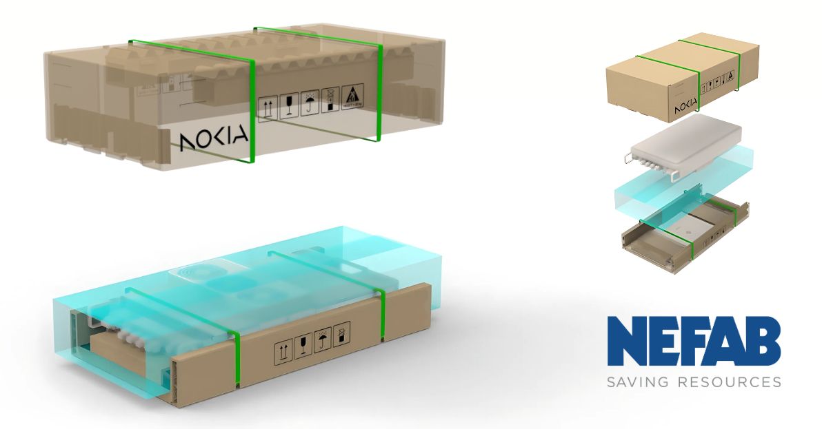Nefab and Nokia have worked together to develop a fiber-based packaging solution for Nokia’s 5G radio frequency (RF) modules. This design replaces traditional plastic materials with Nefab's FiberFlute cushioning.